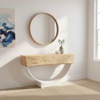 Reclaimed Wood Entryway Table Natural Slab, Shown with White Metal Base