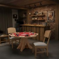 Rustic Poker Table: Some lifestyle images are created with AI for visualization purposes. Crafted from natural solid wood, each piece is unique and will vary.