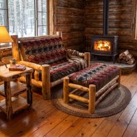 Aspen Log Loveseat: Some lifestyle images are created with AI for visualization purposes. Crafted from natural solid wood, each piece is unique and will vary.