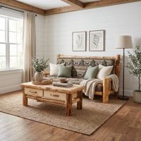 Rustic Futon: Some lifestyle images are created with AI for visualization purposes. Crafted from natural solid wood, each piece is unique and will vary.