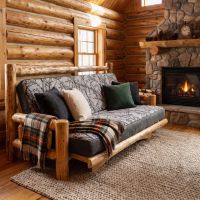 Rustic Futon: Some lifestyle images are created with AI for visualization purposes. Crafted from natural solid wood, each piece is unique and will vary.