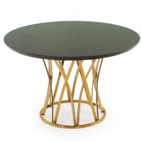 CUSTOM FINISH - Gate Pedestal Round Natural Wood Dining Table - Chamfer Edge Smooth Alder Table Top - CUSTOM Ebony Table Top Finish - Gold Steel Table Base