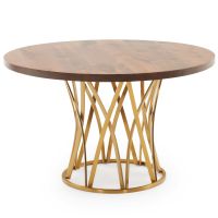 Gate Pedestal Round Natural Wood Dining Table - Flat Edge Black Walnut Table Top - Natural Clear Table Top Finish - Gold Steel Table Base