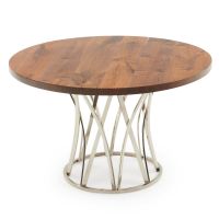 Gate Pedestal Round Natural Wood Dining Table - Flat Edge Black Walnut Table Top - Natural Clear Table Top Finish - Silver Steel Table Base