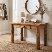 Rustic Log Desk: Some lifestyle images are created with AI for visualization purposes. Crafted from natural solid wood, each piece is unique and will vary.