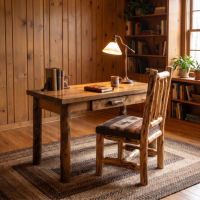 Rustic Log Desk: Some lifestyle images are created with AI for visualization purposes. Crafted from natural solid wood, each piece is unique and will vary.