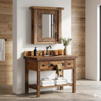 Barnwood Vanity: Some lifestyle images are created with AI for visualization purposes. Crafted from natural solid wood, each piece is unique and will vary.
