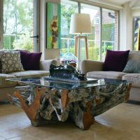 Glass Top Root Coffee Table - Aged Grey Finish