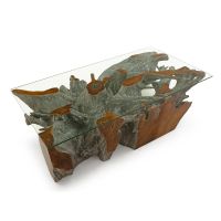 Glass Top Root Coffee Table - Aged Grey Finish