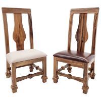 Golden Walnut Upholstered Dining Chairs - Creme Linen Fabric (L) & Burnt Umber Cypress Leather (R)