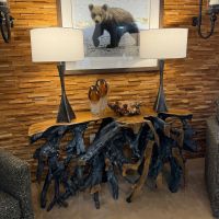 Aged-Gray Root Console Table: Some lifestyle images are created with AI for visualization purposes. Crafted from natural solid wood, each piece is unique and will vary.