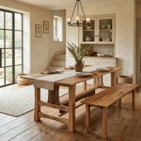 Barn Wood Dinning Bench: Some lifestyle images are created with AI for visualization purposes. Crafted from natural solid wood, each piece is unique and will vary.