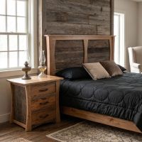 Barnwood Nightstand: Some lifestyle images are created with AI for visualization purposes. Crafted from natural solid wood, each piece is unique and will vary.