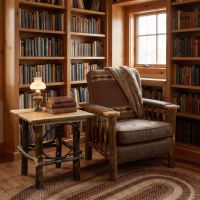 Rustic Hickory End Table: Some lifestyle images are created with AI for visualization purposes. Crafted from natural solid wood, each piece is unique and will vary.