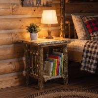 Hickory Log Nightstand: Some lifestyle images are created with AI for visualization purposes. Crafted from natural solid wood, each piece is unique and will vary.
