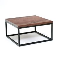 Julia Natural Wood Contemporary Coffee Table With Black Walnut Top in Natural Clear Finish With a Black Steel Table Base