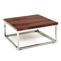 Julia Natural Wood Contemporary Coffee Table With Black Walnut Top in Natural Clear Finish With a Silver Steel Table Base