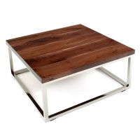 Julia Natural Wood Contemporary Coffee Table With Black Walnut Top in Natural Clear Finish With a Silver Steel Table Base