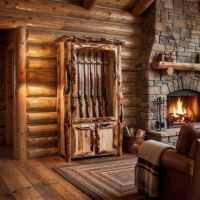 Rustic Log Gun Cabinet: Some lifestyle images are created with AI for visualization purposes. Crafted from natural solid wood, each piece is unique and will vary.