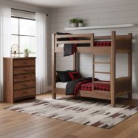 Modern Wood Bunk Bed: Some lifestyle images are created with AI for visualization purposes. Crafted from natural solid wood, each piece is unique and will vary.