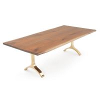 Contemporary Crescent Solid Wood Dining Table - Live Edge Black Walnut Top - Natural Clear Finish - Brushed Gold Base