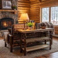 Hickory Log Sofa Table: Some lifestyle images are created with AI for visualization purposes. Crafted from natural solid wood, each piece is unique and will vary.