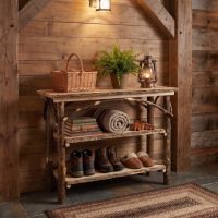 Hickory Log Sofa Table: Some lifestyle images are created with AI for visualization purposes. Crafted from natural solid wood, each piece is unique and will vary.
