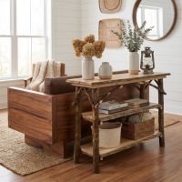 Hickory Log Sofa Table: Some lifestyle images are created with AI for visualization purposes. Crafted from natural solid wood, each piece is unique and will vary.