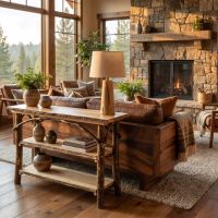 Hickory Log Sofa Table: Some lifestyle images are created with AI for visualization purposes. Crafted from natural solid wood, each piece is unique and will vary.