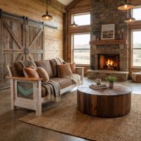 Rustic Barnwood Sofa: Some lifestyle images are created with AI for visualization purposes. Crafted from natural solid wood, each piece is unique and will vary.