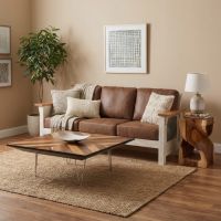 Rustic Barnwood Sofa: Some lifestyle images are created with AI for visualization purposes. Crafted from natural solid wood, each piece is unique and will vary.