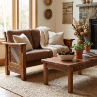 Rustic Barnwood Loveseat: Some lifestyle images are created with AI for visualization purposes. Crafted from natural solid wood, each piece is unique and will vary.