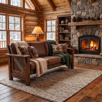 Rustic Barnwood Sofa: Some lifestyle images are created with AI for visualization purposes. Crafted from natural solid wood, each piece is unique and will vary.