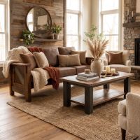 Rustic Barnwood Sofa: Some lifestyle images are created with AI for visualization purposes. Crafted from natural solid wood, each piece is unique and will vary.