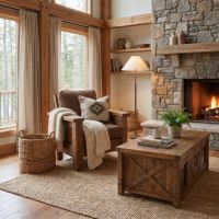 Barnwood Lounge Chair: Some lifestyle images are created with AI for visualization purposes. Crafted from natural solid wood, each piece is unique and will vary.