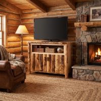 Rustic TV Stand: Some lifestyle images are created with AI for visualization purposes. Crafted from natural solid wood, each piece is unique and will vary.