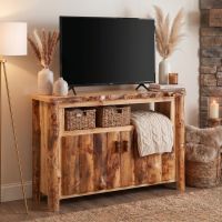 Rustic TV Stand: Some lifestyle images are created with AI for visualization purposes. Crafted from natural solid wood, each piece is unique and will vary.