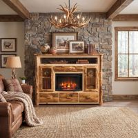 Rustic Entertainment Center: Some lifestyle images are created with AI for visualization purposes. Crafted from natural solid wood, each piece is unique and will vary.