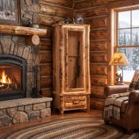 Rustic Gun Cabinet: Some lifestyle images are created with AI for visualization purposes. Crafted from natural solid wood, each piece is unique and will vary.