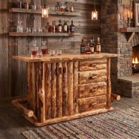 Rustic Log Bar: Some lifestyle images are created with AI for visualization purposes. Crafted from natural solid wood, each piece is unique and will vary.