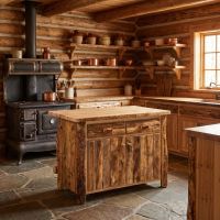 Aspen Log Kitchen Island: Some lifestyle images are created with AI for visualization purposes. Crafted from natural solid wood, each piece is unique and will vary.
