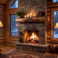 Aspen Log Mantle: Some lifestyle images are created with AI for visualization purposes. Crafted from natural solid wood, each piece is unique and will vary.