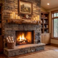 Aspen Log Mantle: Some lifestyle images are created with AI for visualization purposes. Crafted from natural solid wood, each piece is unique and will vary.