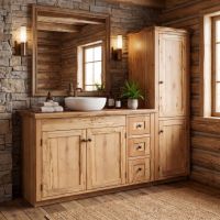 Artisanal Wood Vanity: Some lifestyle images are created with AI for visualization purposes. Crafted from natural solid wood, each piece is unique and will vary.