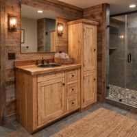 Rustic Modern Vanity: Some lifestyle images are created with AI for visualization purposes. Crafted from natural solid wood, each piece is unique and will vary.