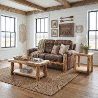 Aspen Log Loveseat: Some lifestyle images are created with AI for visualization purposes. Crafted from natural solid wood, each piece is unique and will vary.