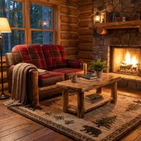 Aspen Log Loveseat: Some lifestyle images are created with AI for visualization purposes. Crafted from natural solid wood, each piece is unique and will vary.