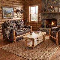 Aspen Log Loveseat: Some lifestyle images are created with AI for visualization purposes. Crafted from natural solid wood, each piece is unique and will vary.
