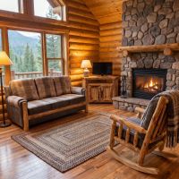 Rustic Log Sofa: Some lifestyle images are created with AI for visualization purposes. Crafted from natural solid wood, each piece is unique and will vary.