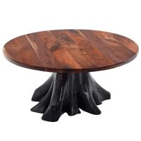 Midnight Forest Rustic Round Stump Dining Table - Natural Clear Tabletop Finish - Ebony Base Finish
